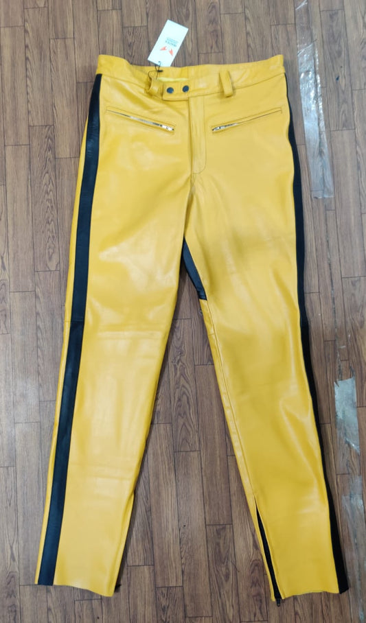 Men's Real Leather Cowhide Bikers Yellow & Black Panels Bikers Leather Pants