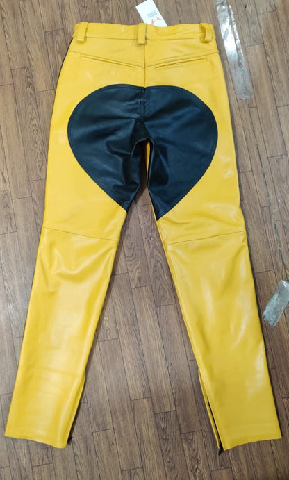 Men's Real Leather Cowhide Bikers Yellow & Black Panels Bikers Leather Pants