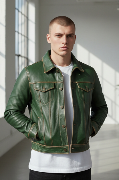 Men's Real Cow Leather Trucker Jacket Contrast Thread Levi's Style Bikers Jacket: