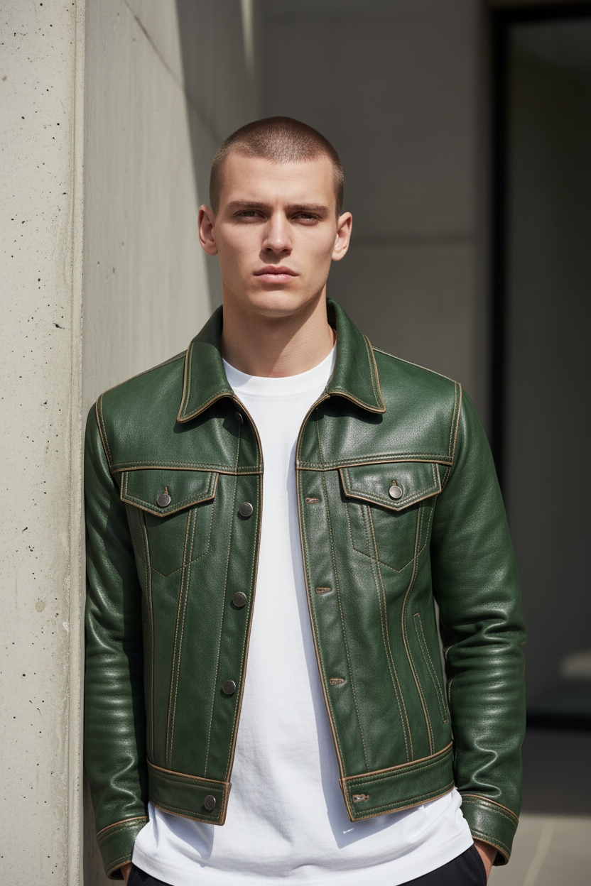 Men's Real Cow Leather Trucker Jacket Contrast Thread Levi's Style Bikers Jacket: