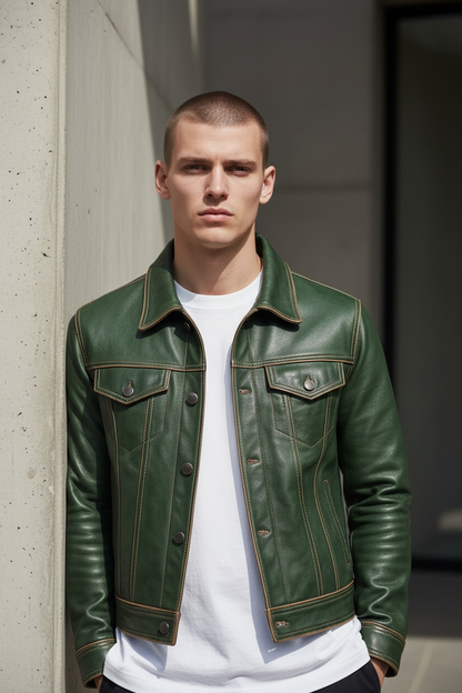Men's Real Cow Leather Trucker Jacket Contrast Thread Levi's Style Bikers Jacket: