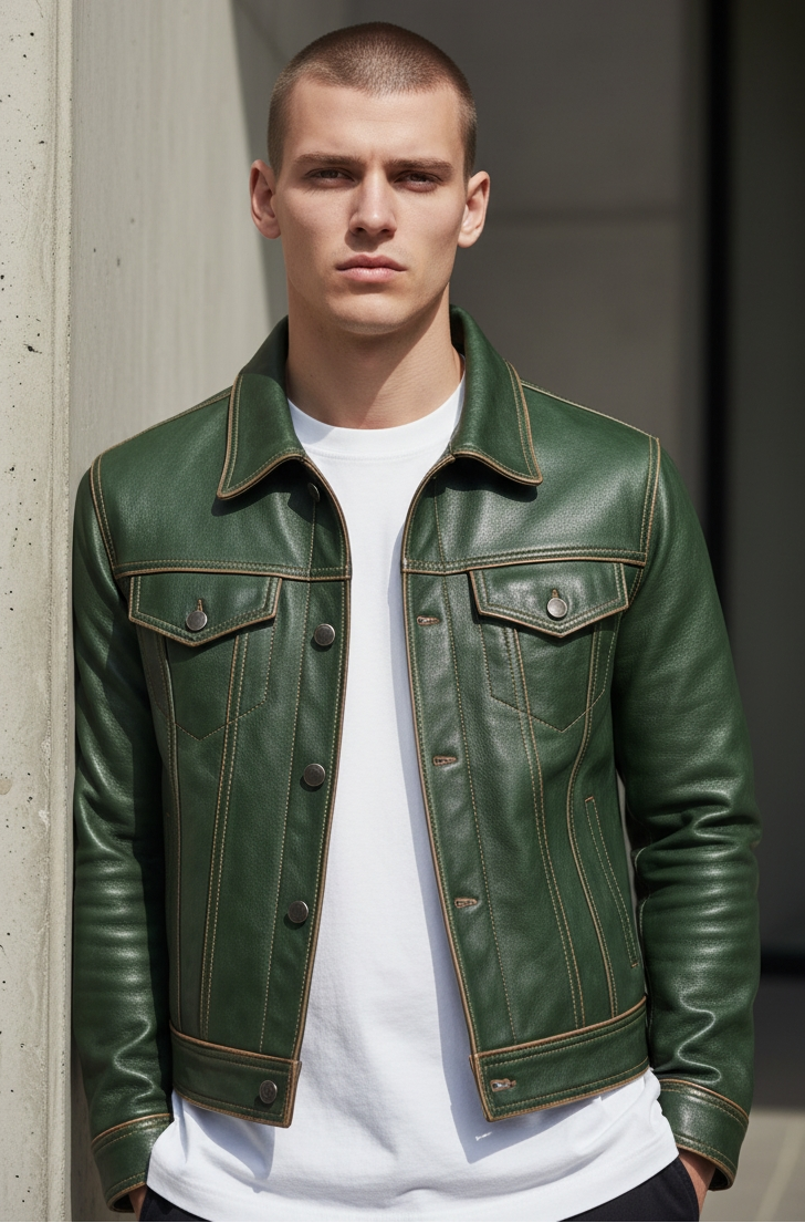 Men's Real Cow Leather Trucker Jacket Contrast Thread Levi's Style Bikers Jacket: