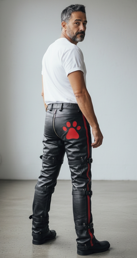 Men’s Real Cowhide Leather Pants With PAW Logo & Restraint Belts:
