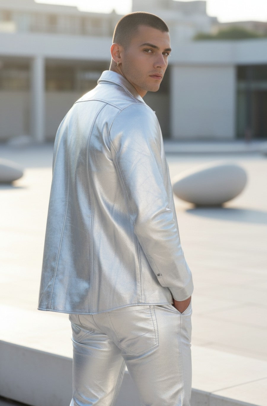 Men's Real Lamb Leather Full Sleeves Shirt Shiny Lamb Leather In Golden & Silver Colors:
