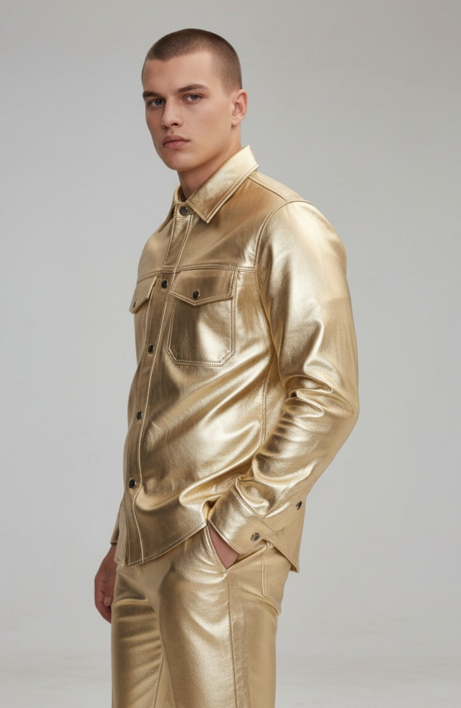Men's Real Lamb Leather Gold & Silver Color Full Sleeves Shirt Front Pockets Shirt