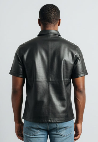 MEN'S REAL COW LEATHER SHORT SLEEVES SHIRT WHITE LEATHER STRIPES