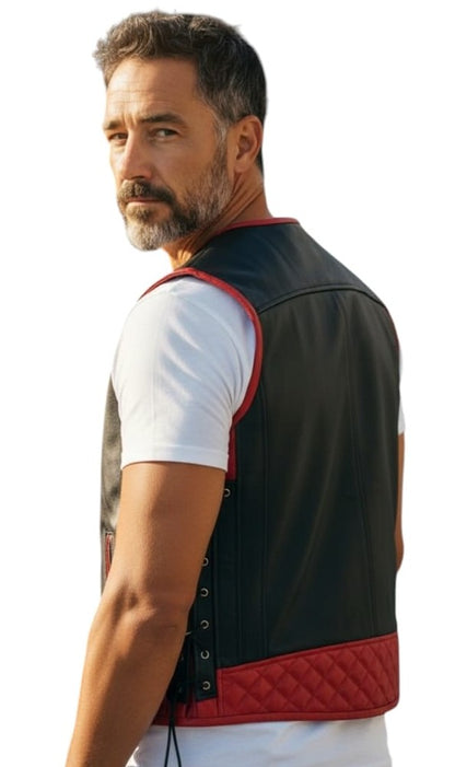 MEN'S REAL LEATHER VEST BIKERS VEST WITH QUILTED PANELS BLACK & BLUE BIKERS VEST