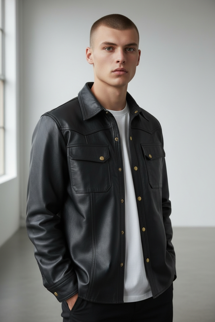MEN'S REAL COWHIDE LEATHER LONG SLEEVES SHIRT WITH CHEST POCKETS