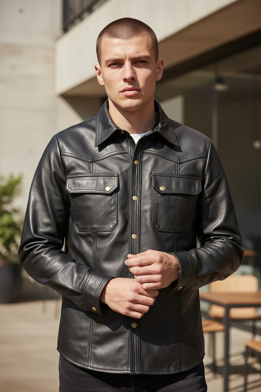 MEN'S REAL COWHIDE LEATHER LONG SLEEVES SHIRT WITH CHEST POCKETS