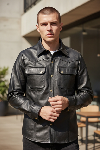 MEN'S REAL COWHIDE LEATHER LONG SLEEVES SHIRT WITH CHEST POCKETS