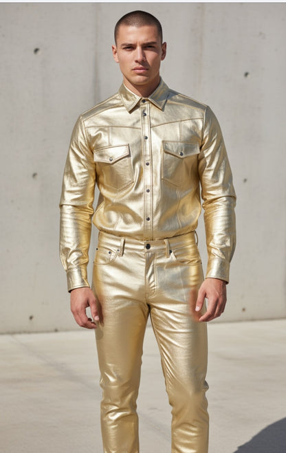 Men's Real Lamb Leather Gold & Silver Color Full Sleeves Shirt Front Pockets Shirt