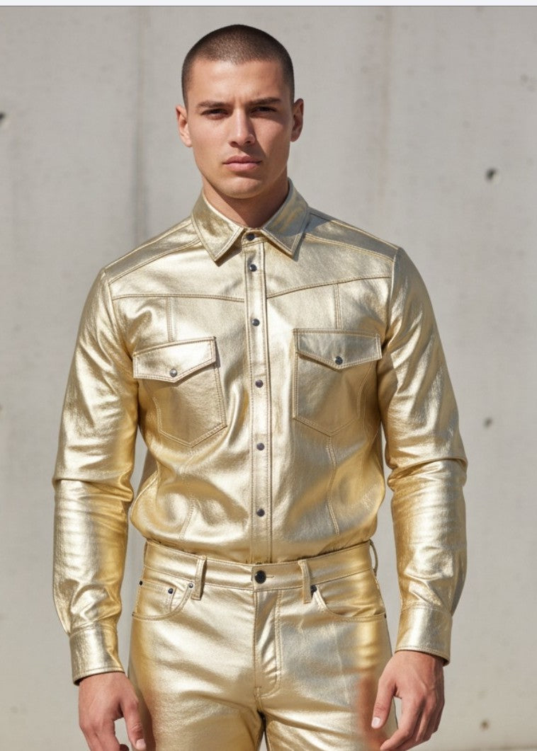 Men's Real Lamb Leather Gold & Silver Color Full Sleeves Shirt Front Pockets Shirt