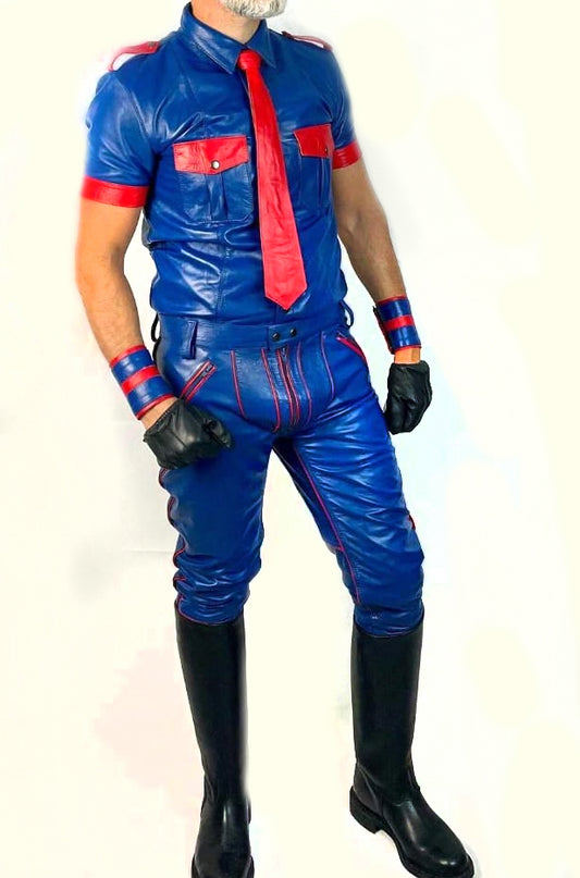 Men's Real Leather Contrast Panels & Piping Leather Pants Pants,Police Shirt ,Tie & Wrist Bands