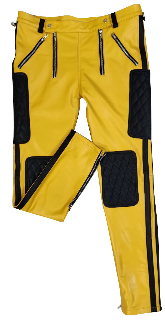 Men's Real Leather Quilted Yellow & Black Panels Carpenter Pants