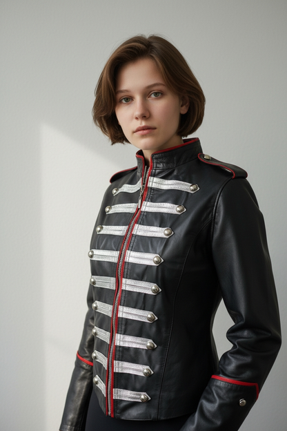 Women's Genuine Lamb Leather Military Parade/Gothic/Punk Jacket