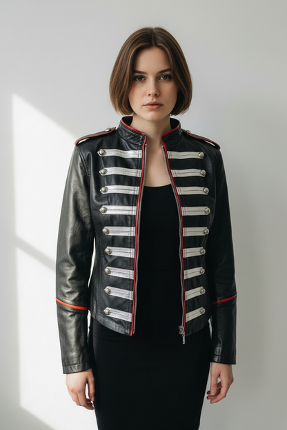 Women's Genuine Lamb Leather Military Parade/Gothic/Punk Jacket