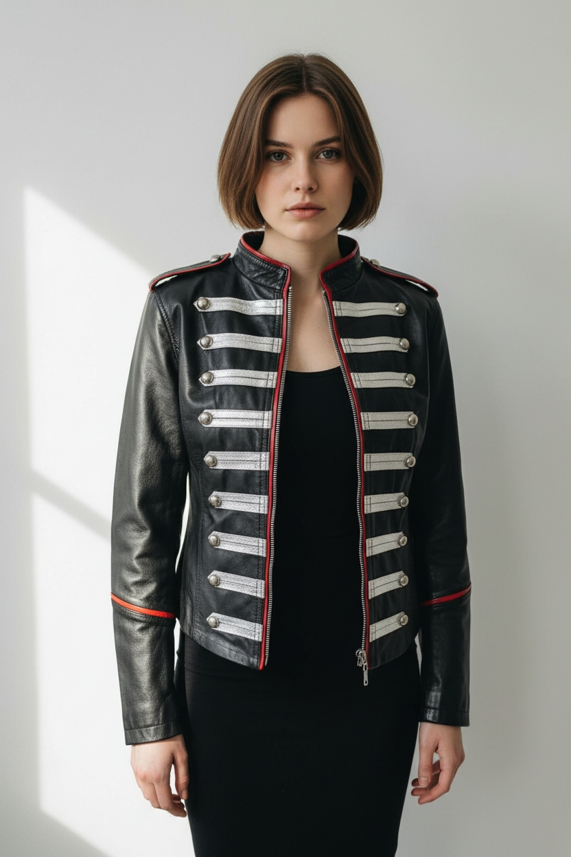 Women's Genuine Lamb Leather Military Parade/Gothic/Punk Jacket