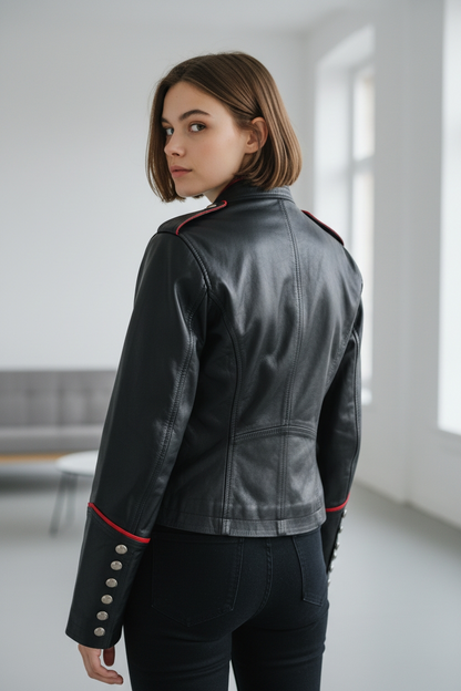 Women's Genuine Lamb Leather Military Parade/Gothic/Punk Jacket