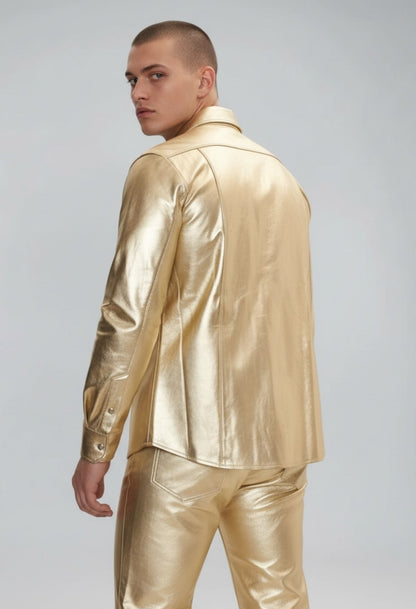 Men's Real Lamb Leather Full Sleeves Shirt Shiny Lamb Leather In Golden & Silver Colors: