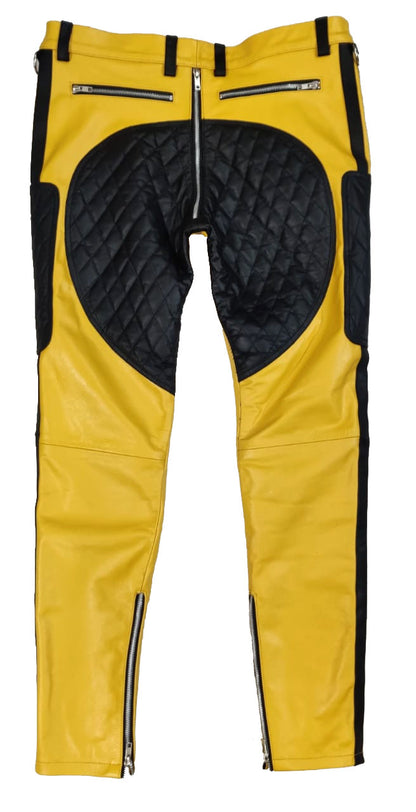 Men's Real Leather Quilted Yellow & Black Panels Carpenter Pants