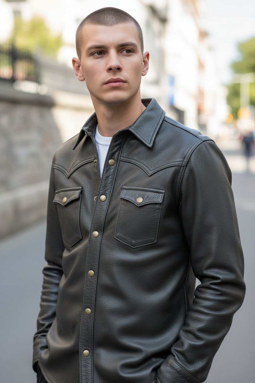 Men’s Genuine Cowhide Mild Leather Black Full Sleeves Leather Shirt Police Uniform Shirt