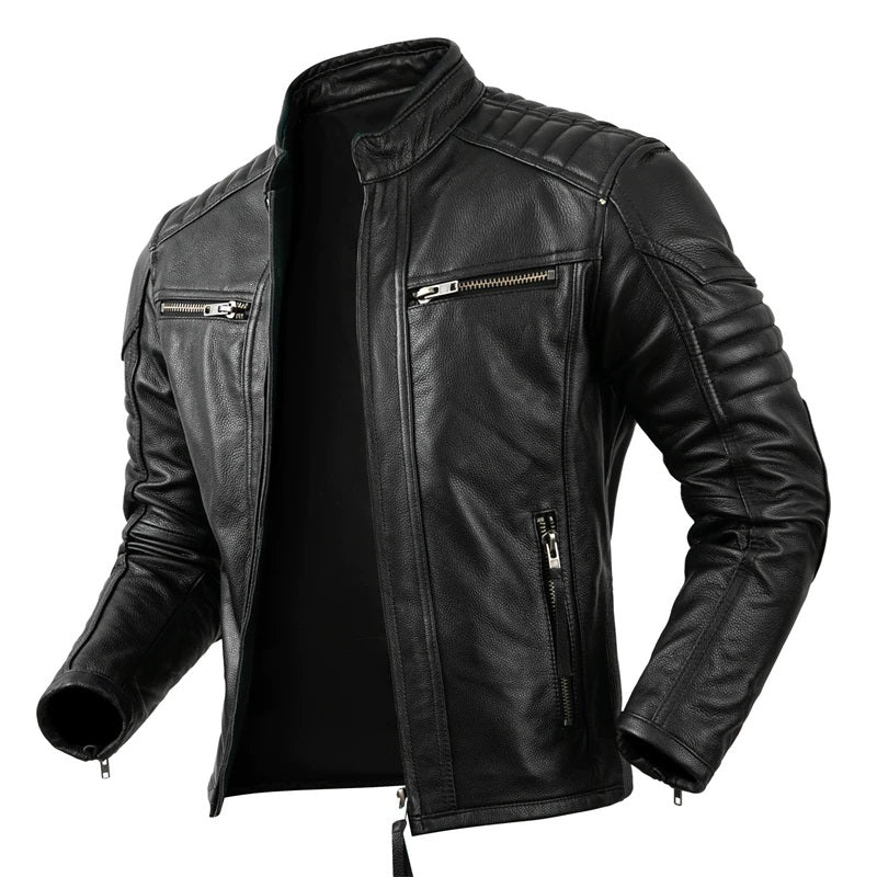 Men's Real Leather Bikers Jacket Quilted Panels Cafe Racer Jacket Bikers Jacket