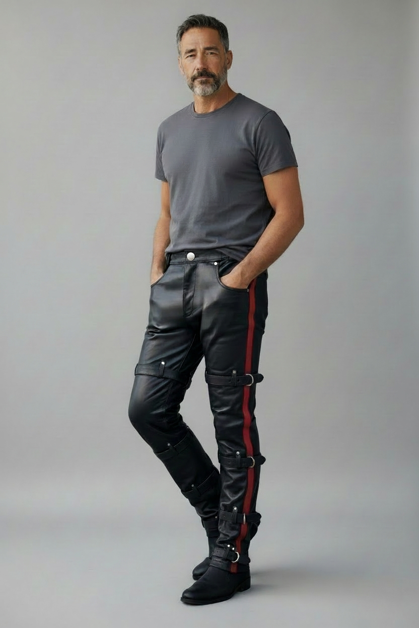 Men’s Real Cowhide Leather Pants With PAW Logo & Restraint Belts: