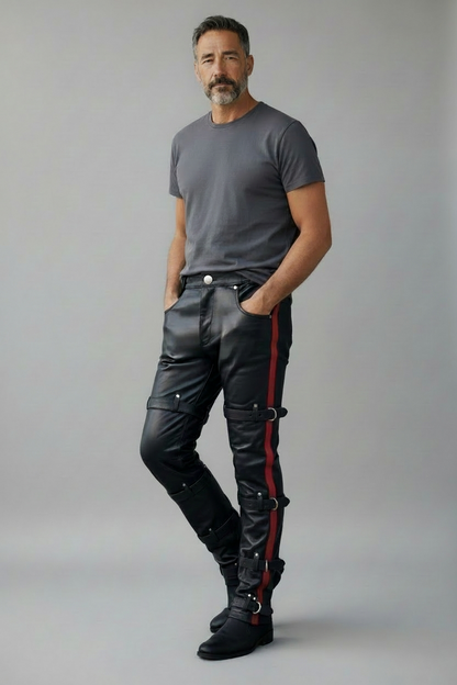 Men’s Real Cowhide Leather Pants With PAW Logo & Restraint Belts: