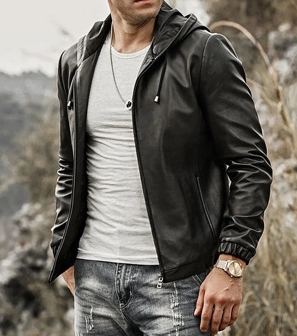 MEN'S REAL NATURAL LAMB LEATHER JACKET WITH HOOD
