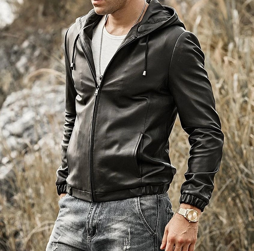 MEN'S REAL NATURAL LAMB LEATHER JACKET WITH HOOD