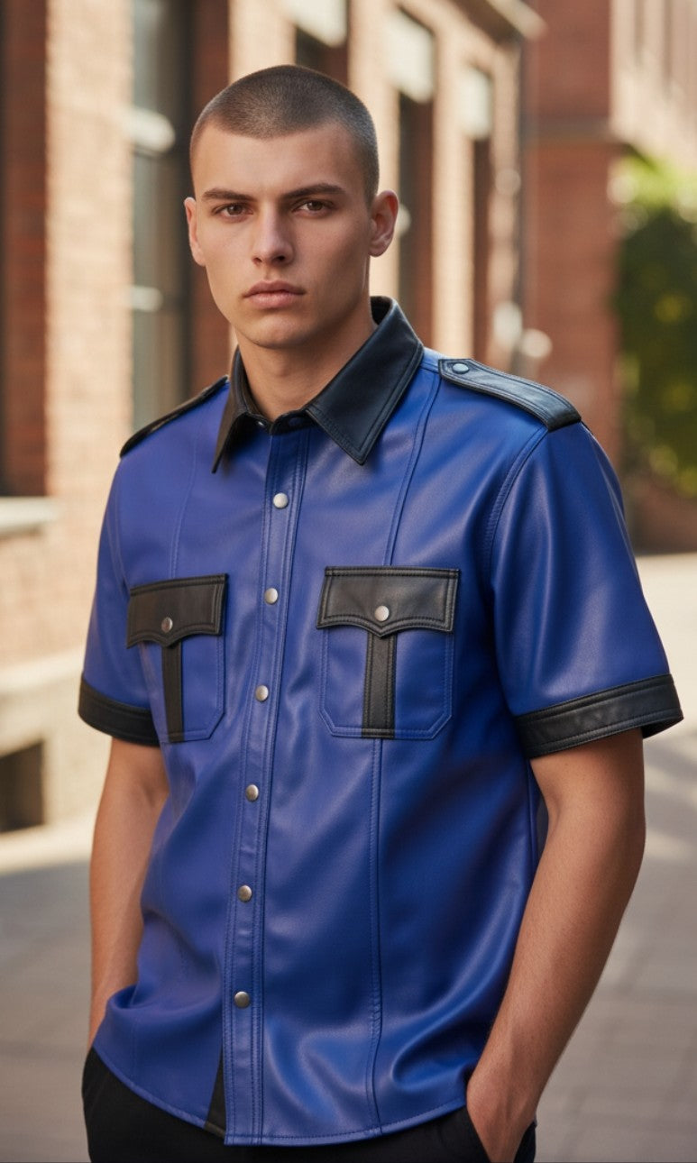 MEN'S REAL LAMB LEATHER SHORT SLEEVES SHIRT CONTRAST LEATHER PANELS