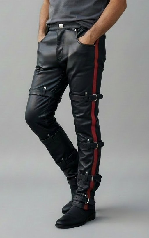 Men’s Real Cowhide Leather Pants With PAW Logo & Restraint Belts: