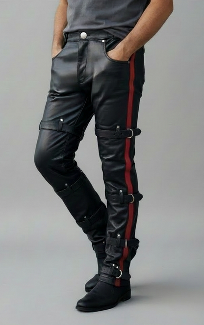 Men’s Real Cowhide Leather Pants With PAW Logo & Restraint Belts: