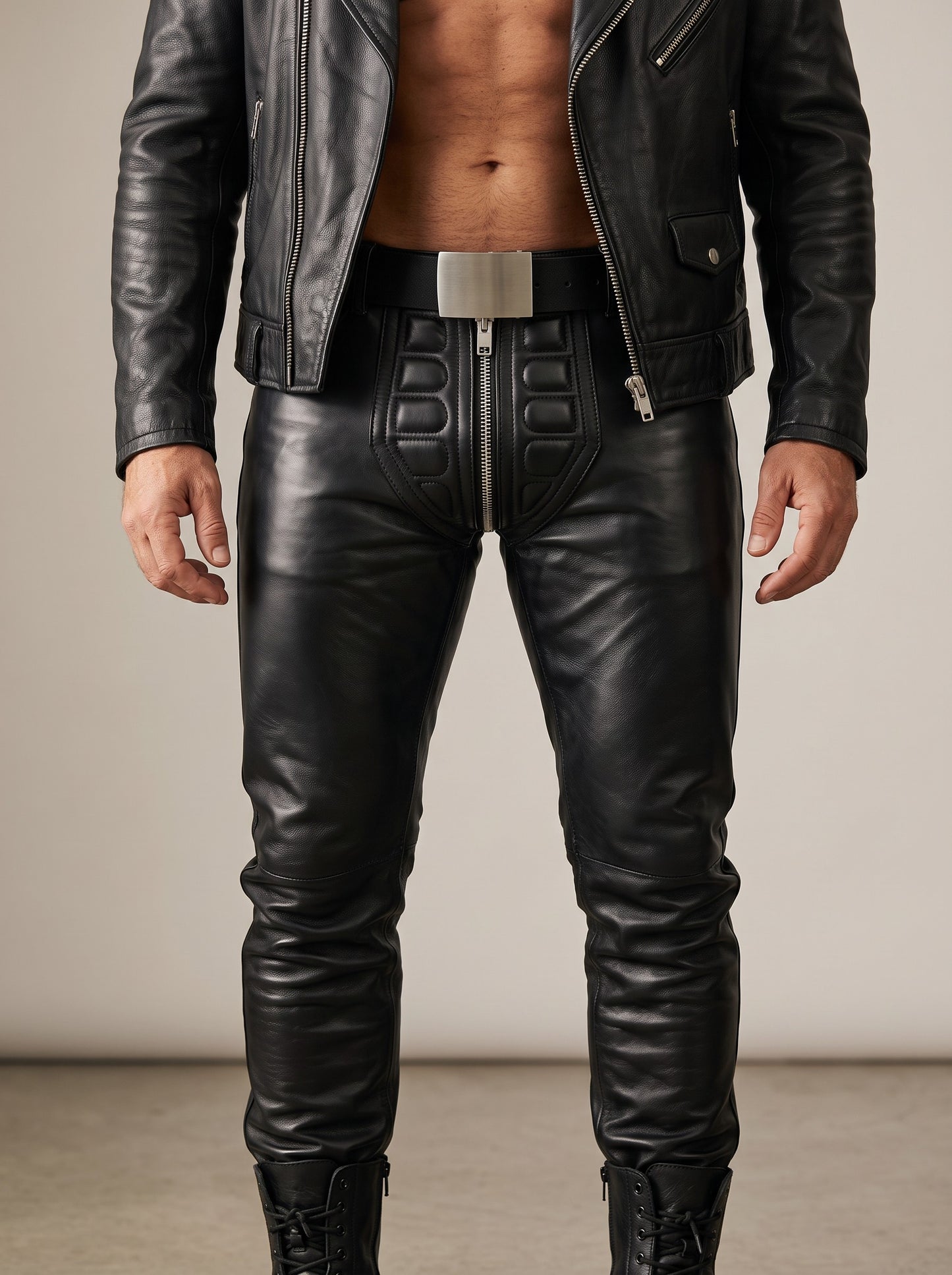 MEN'S REAL LEATHER BIKERS PANTS WITH QUILTED FRONT PANEL LIMO PANTS