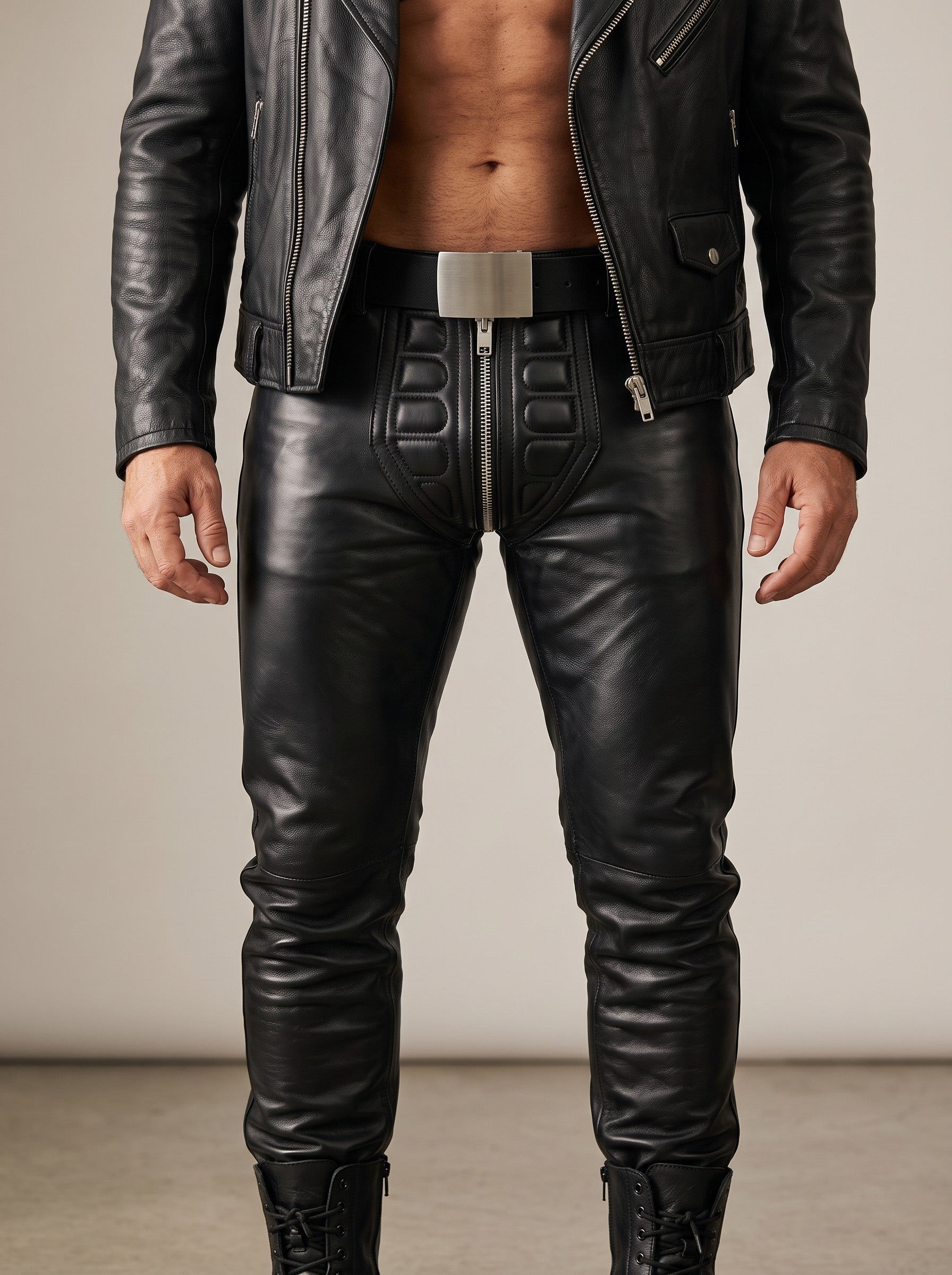 MEN'S REAL LEATHER BIKERS PANTS WITH QUILTED FRONT PANEL LIMO PANTS