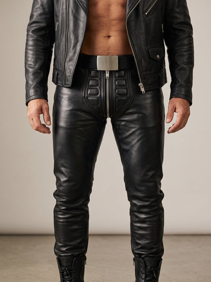 MEN'S REAL LEATHER BIKERS PANTS WITH QUILTED FRONT PANEL LIMO PANTS