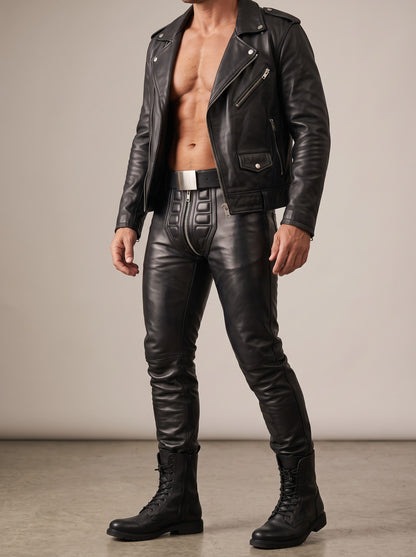 MEN'S REAL LEATHER BIKERS PANTS WITH QUILTED FRONT PANEL LIMO PANTS