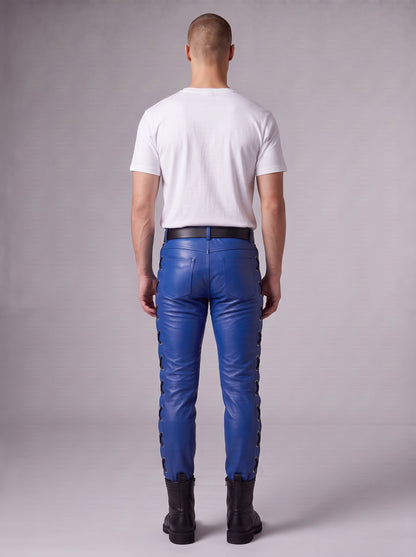 Men's Genuine Cowhide Leather Lace-Up Biker Pants | Blue Slim Fit Motorcycle Leather Trousers