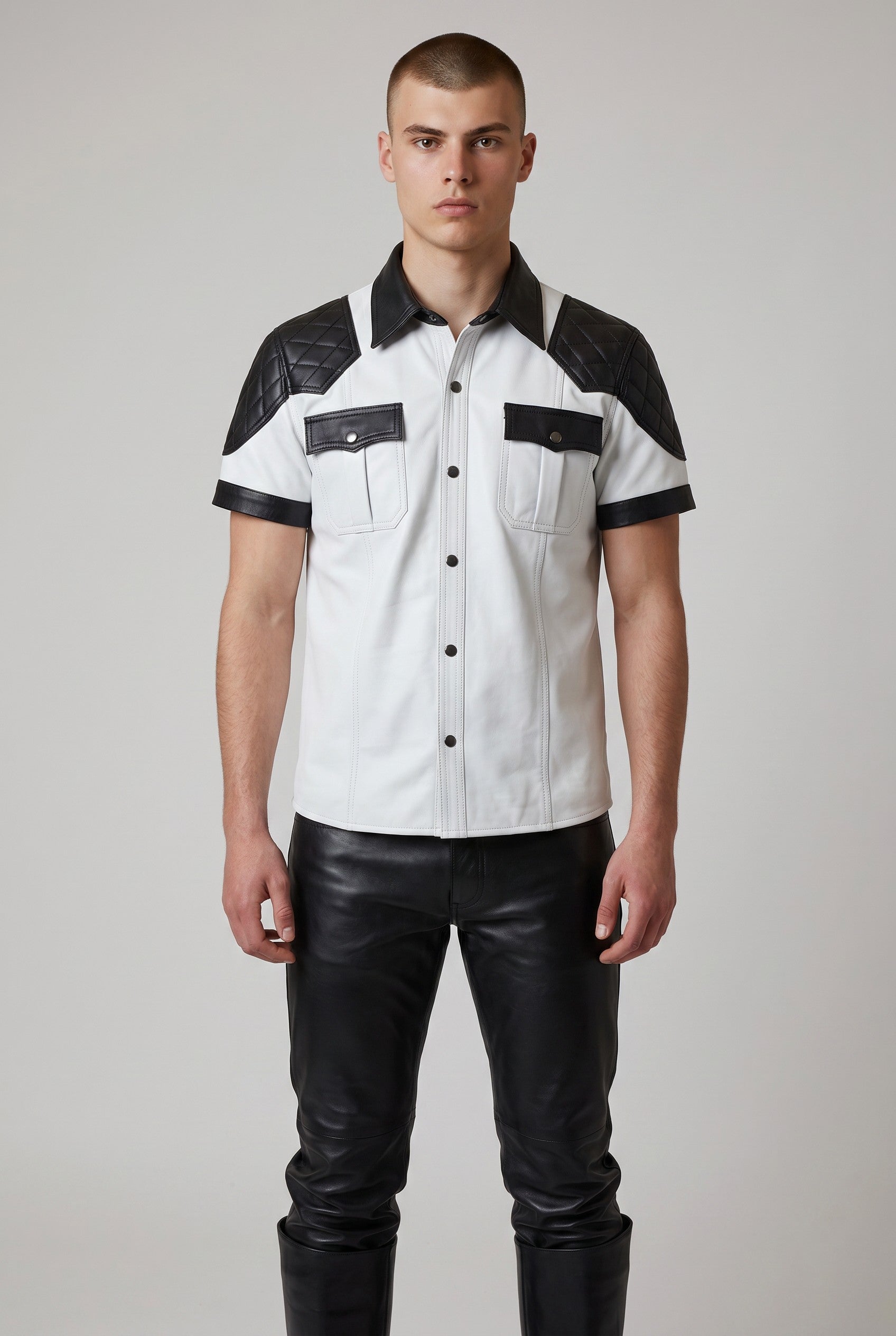 Men's Real Lamb Leather Shirt With Quilted Panels Police / BLUF Shirt