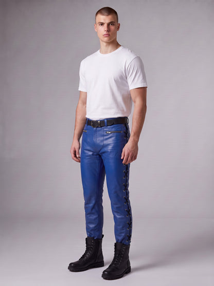 Men's Genuine Cowhide Leather Lace-Up Biker Pants | Blue Slim Fit Motorcycle Leather Trousers