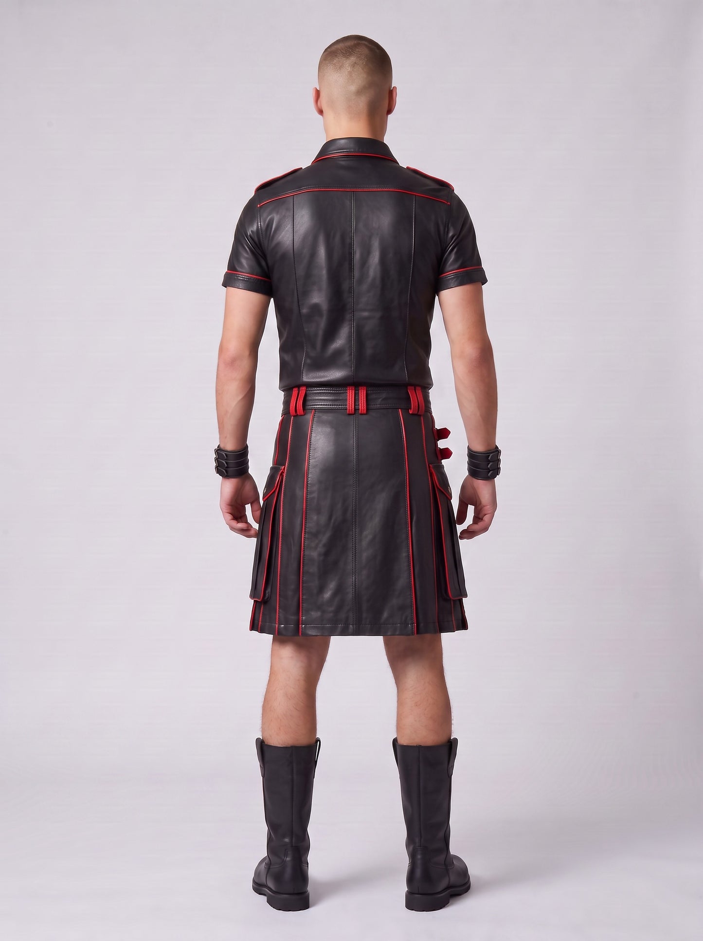 MEN'S REAL LEATHER UTILITY KILT WITH POCKETS AND RED LEATHER ACCENT