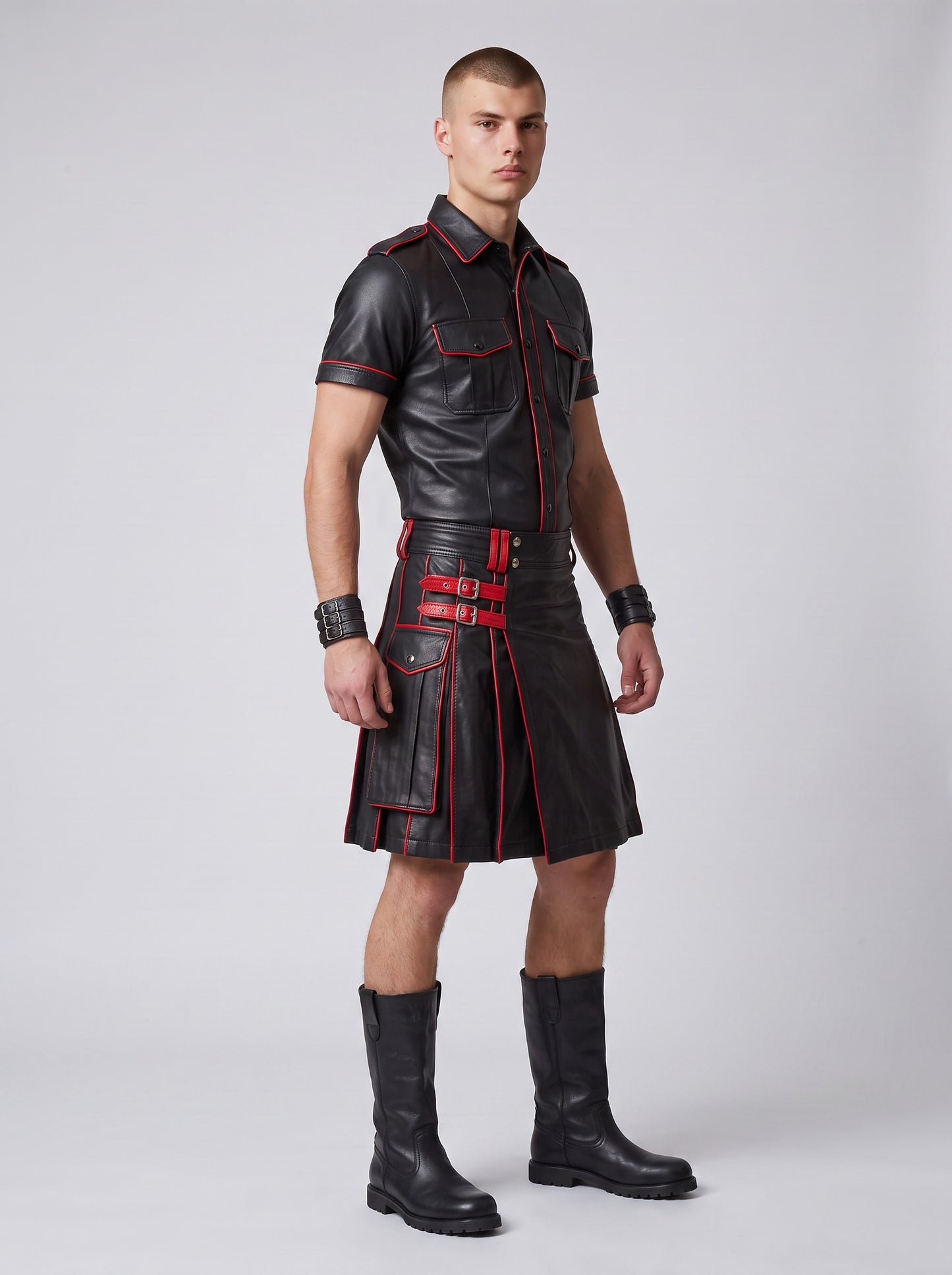 MEN'S REAL LEATHER UTILITY KILT WITH POCKETS AND RED LEATHER ACCENT