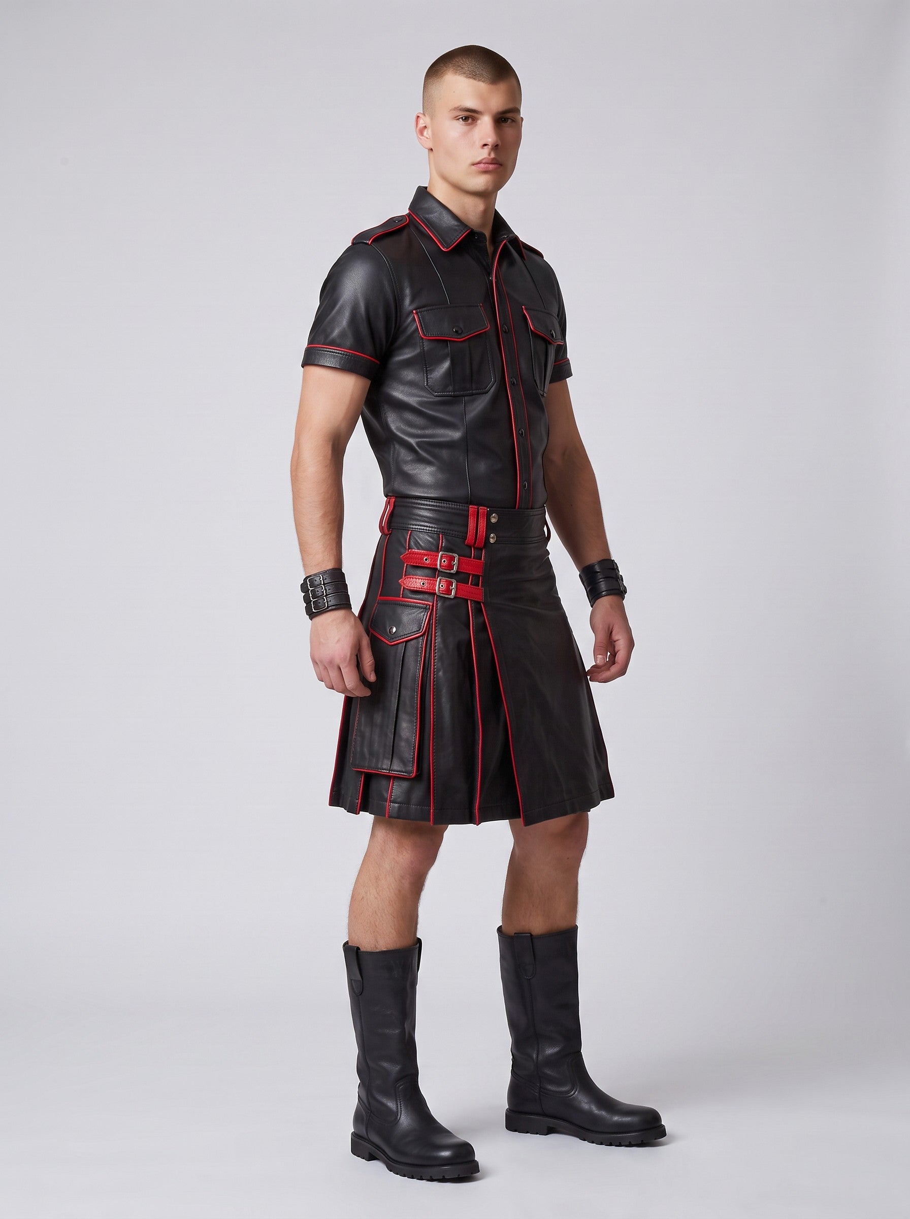 MEN'S REAL LEATHER UTILITY KILT WITH POCKETS AND RED LEATHER ACCENT