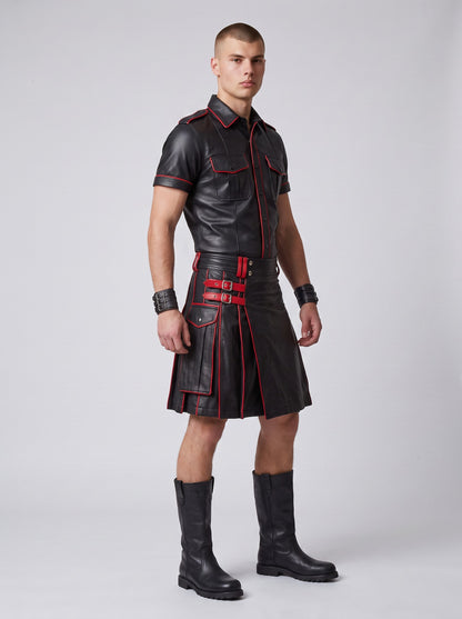 MEN'S REAL LEATHER UTILITY KILT WITH POCKETS AND RED LEATHER ACCENT