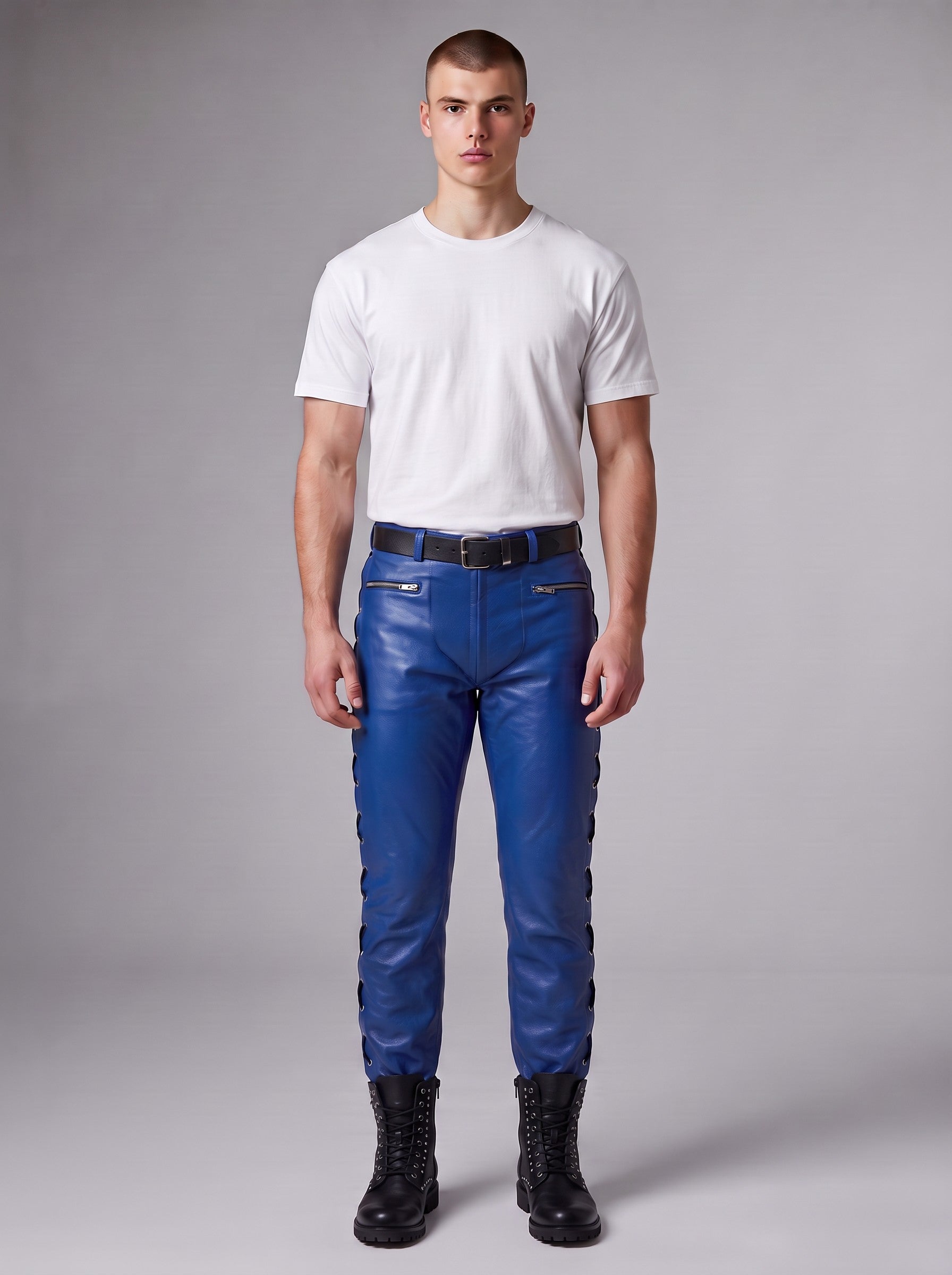 Men's Genuine Cowhide Leather Lace-Up Biker Pants | Blue Slim Fit Motorcycle Leather Trousers