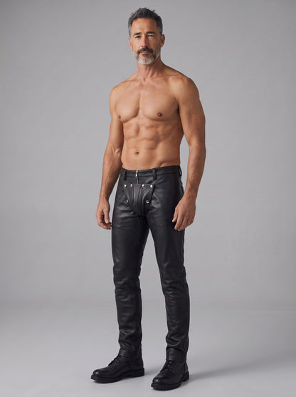 Men's Genuine Cowhide Leather Biker Pants | Slim Fit Motorcycle Leather Trousers with Detachable Front Panel