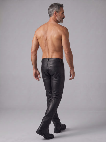 Men's Genuine Cowhide Leather Biker Pants | Slim Fit Motorcycle Leather Trousers with Detachable Front Panel