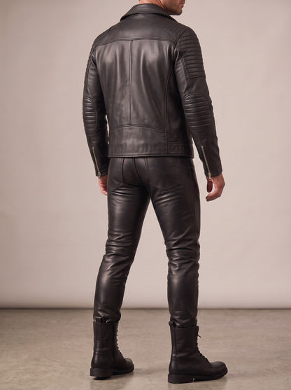 MEN'S REAL LEATHER BIKERS PANTS WITH QUILTED FRONT PANEL LIMO PANTS