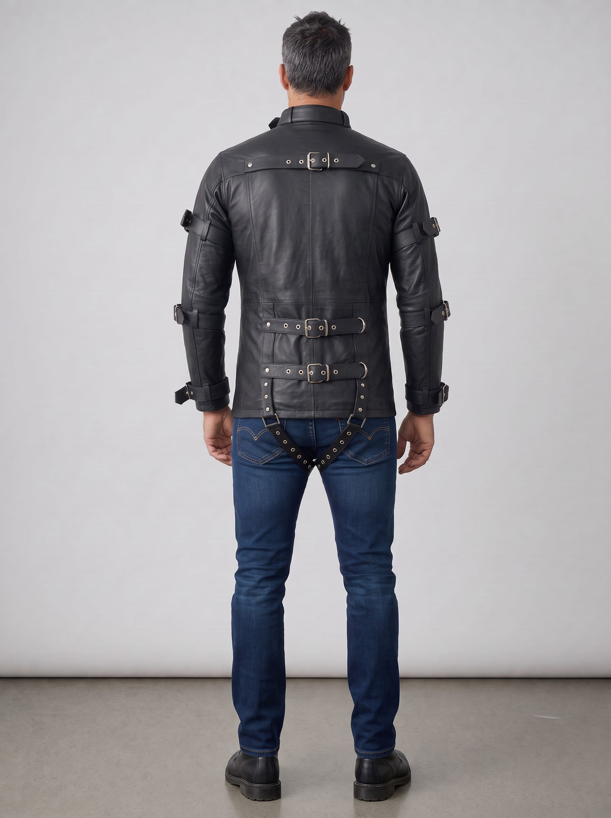 Men's Black Leather Restraint Jacket