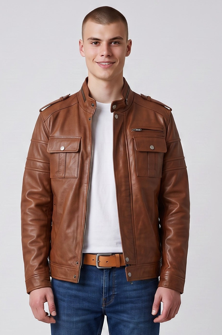 Men's Tan Sheep/Lamb Leather Biker Jacket